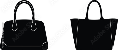 Black silhouette of two different handbag designs, showcasing classic and modern styles isolated on white background for fashion accessory