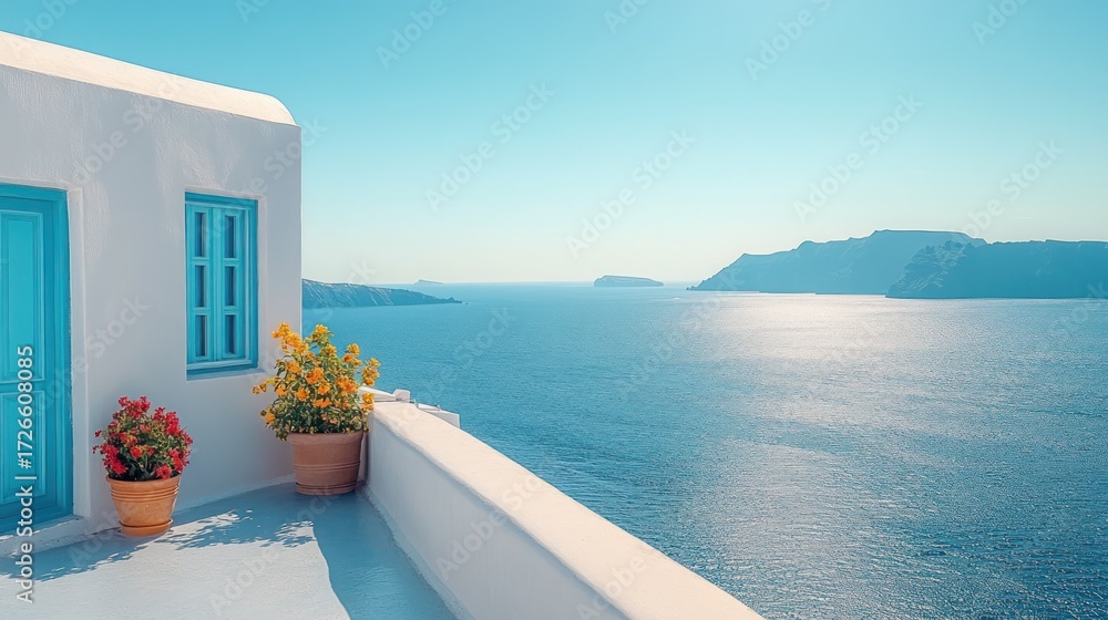 Fototapeta premium Whitewashed balcony, blue door, sea view