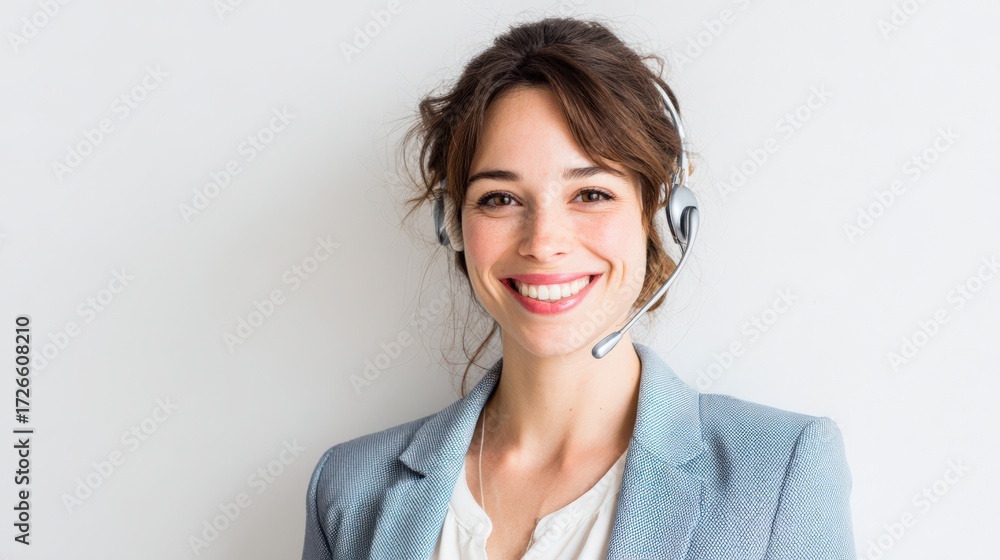 Confident Podcaster Woman with Headset on White Background Confident Podcaster Woman with Headset on White Background