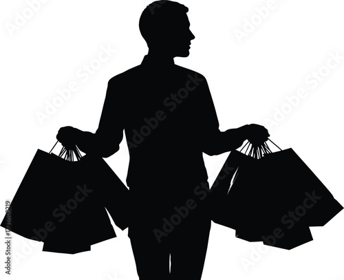 Silhouette of a man carrying shopping bags isolated on white background, showcasing consumerism, retail therapy, and the joy of purchasing goods