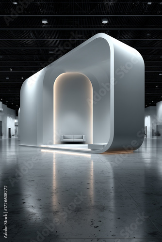Minimal curved booth design with large central empty wall, floor reflections, premium modern lighting, blurred expo hall ambience, copy space