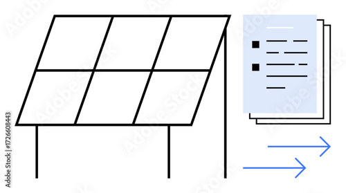 Solar panel structure next to stacked documents with arrows indicating movement or progress. Ideal for renewable energy, sustainability, documentation, progress tracking, planning, clean technology