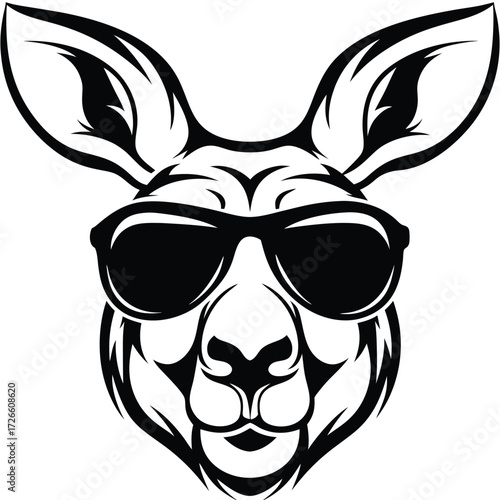 Frontfacing kangaroo visage sports cool sunglasses in a monochrome abstract line art depiction