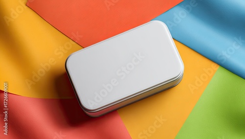 Blank white tin box on colorful paper background (2)