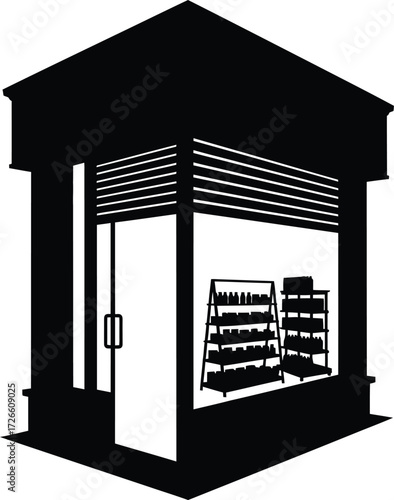 Silhouette of a small shop with shelves and a closed shutter, isolated on white background