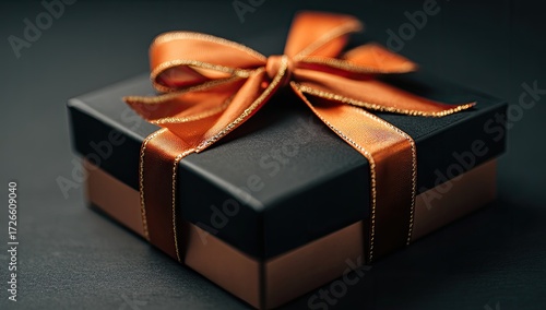 A black gift box with an orange ribbon bow sits on a dark background