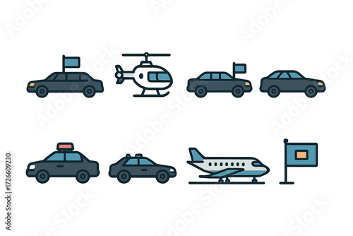 Transportation icon set featuring cars, helicopter, and airplane in flat design