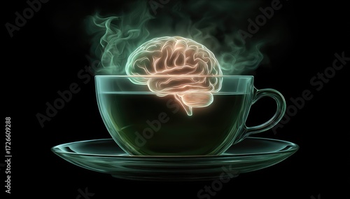 A transparent teacup, steaming, holds a glowing brain