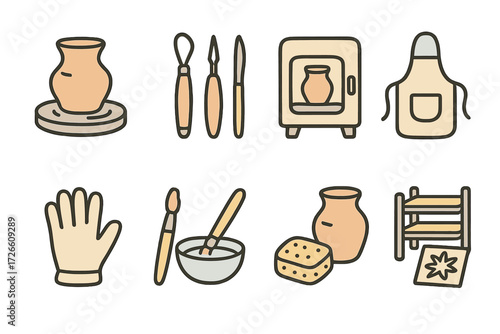 Pottery craft tools and equipment set in hand-drawn style on brown background