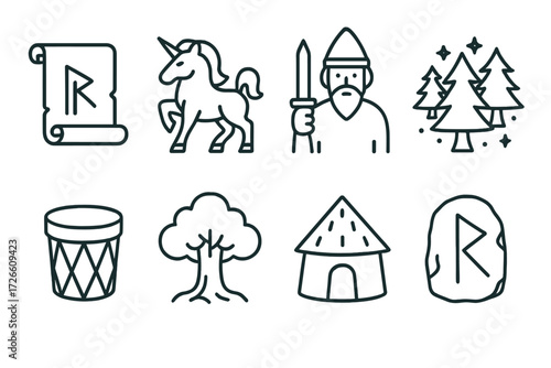 Norse mythology icons set: runes, symbols, and mythical figures in linear style