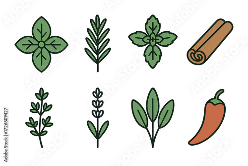 Herbal icon set featuring rosemary, basil, cinnamon, lavender, sage, and chili in linear style