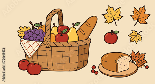 Vector illustration of a harvest basket filled with fresh fruit, bread, and surrounded by colorful autumn leaves