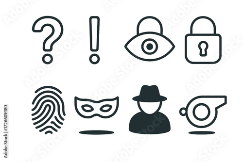 Cybersecurity symbols: privacy icon set with locks, mask, hat, and whistle