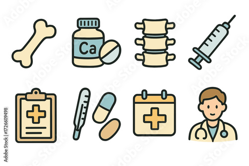 Medical icons featuring healthcare, bone, spine, doctor, and medicine in flat design