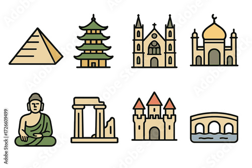 Icon set of famous world landmarks in outline style with modern gradient