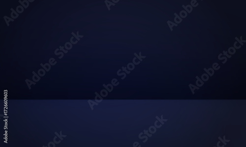 Blue navy scene with shadows. Limbo dark background. Abstract gradient backdrop. Wall of studio or room for product display. Mockup banner with empty space. Realistic vector illustration