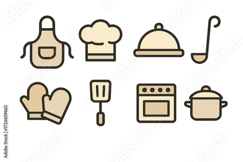Elegant kitchen icons on brown gradient background for culinary themes