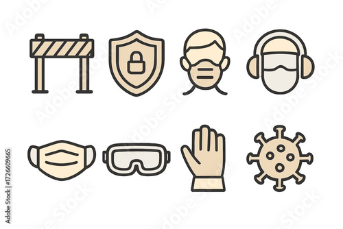 Safety icons set: mask, shield, barrier, goggles, glove, virus protection