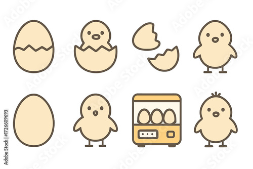 Cute linear chick and egg icons with incubator on wooden background