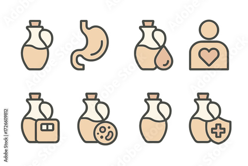 Health potion icons set in modern line art style for wellness and strength