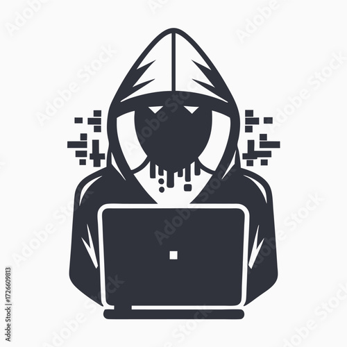 Hooded digital villain seemingly hacks the system using a laptop with some computer code appearing