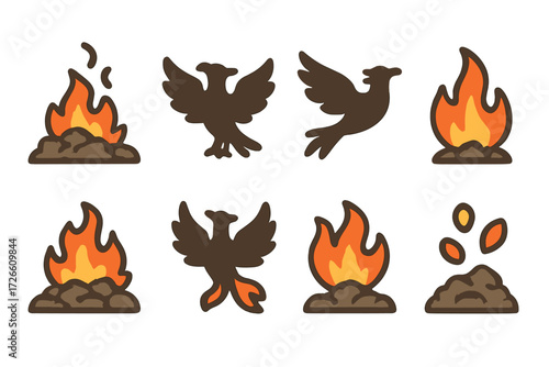 Phoenix flame icons: abstract fire symbols on gradient background