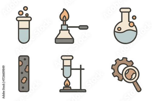 Scientific equipment icons with outline style featuring beakers and bunsen burner