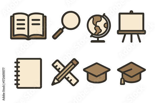 Education icons set: outline style featuring book, magnifying glass, globe, easel, notebook, pencil, ruler, graduate cap
