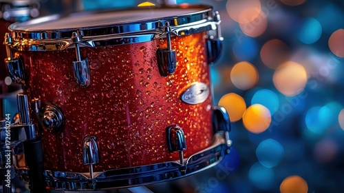Close-up of a vibrant copper-red drum head, highlighted against a blurred backdrop of colorful lights