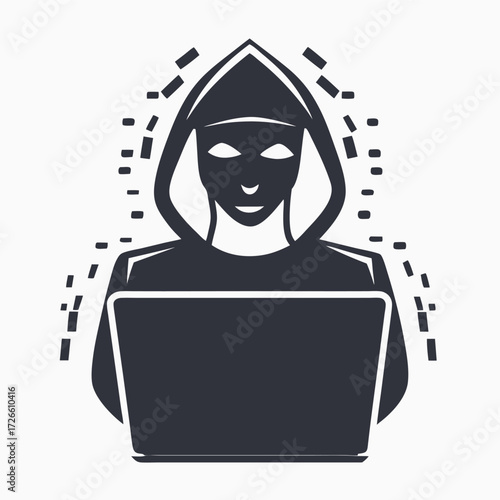 Hooded figure sits before a computer, a conceptual icon for digital security