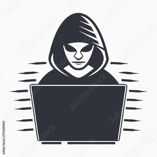 Hooded figure sitting before laptop with streaks implies cyber activity or data security