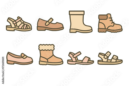 Stylish footwear icons on gold background featuring various shoe designs
