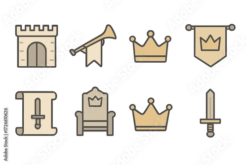 Medieval icon set with castle, crown, banner, and sword in linear style