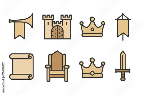 Medieval icons set featuring castle, crown, and sword on vintage background