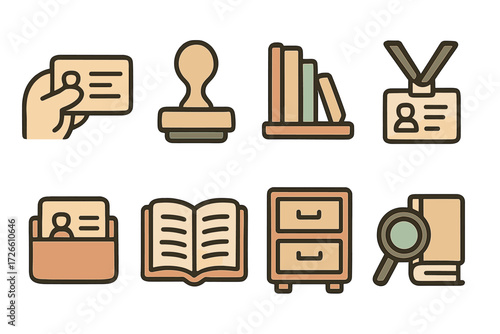 Office icons set with retro style featuring id cards, books, and storage