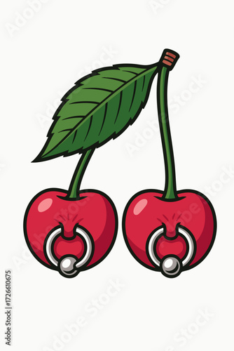 Illustrated two cherries on a stem with a leaf, each cherry featuring a silver piercing ring.