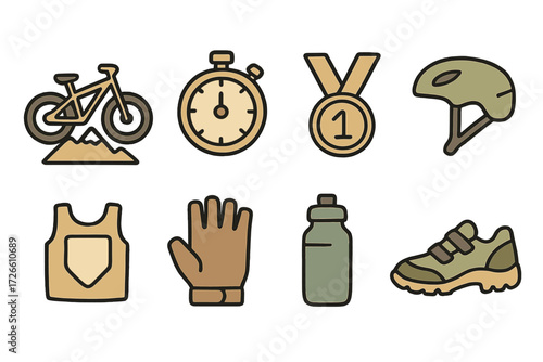 Set of colored cycling icons featuring helmet, stopwatch, bicycle, and more