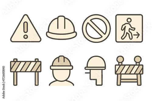 Construction safety icons collection featuring hard hat, caution signs, and barricades in line art style
