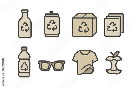 Recycling icons set on metallic background featuring bottles, glasses, and packages