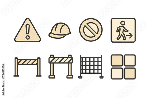 Safety icon set: construction symbols in modern flat design