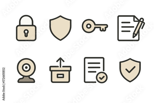 Cyber security icon set with lock, shield, and key elements in modern style