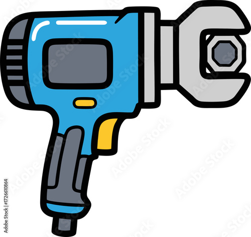 Cartoon-Styled Blue Impact Wrench with Socket and Octagonal Nut