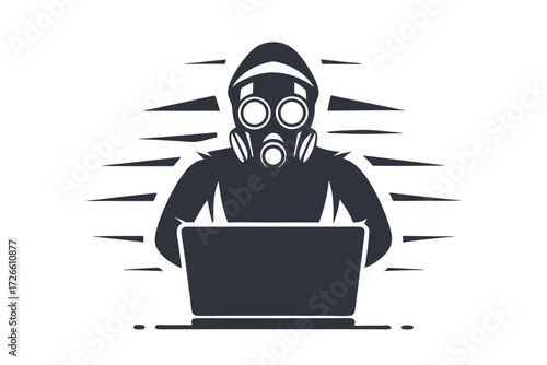 Hooded figure wearing a gas mask works at a computer in the darkness