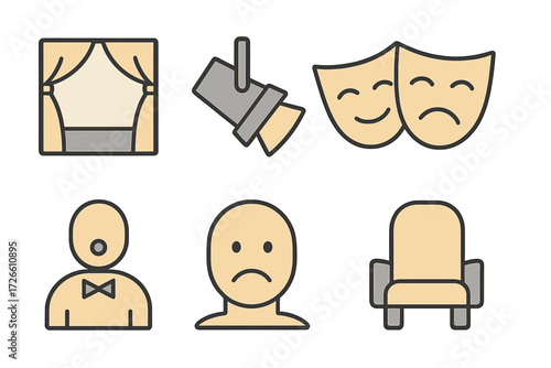 Theater icons set with masks, spotlight, stage, and audience symbols in linear style