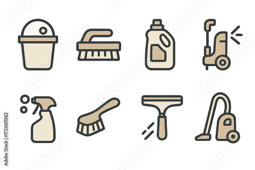 Minimalist set of cleaning tools icons on gradient background