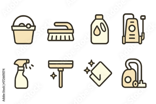 Cleaning equipment line art icons on gradient background for home maintenance