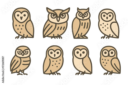 Charming owl designs featuring stylized icons and playful cartoon aesthetics
