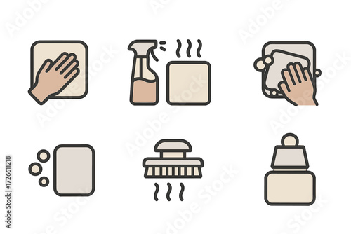 Hand hygiene icons set featuring cleaning tools and sanitization objects