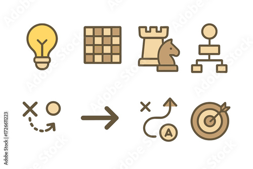 Strategic planning icons with game elements and flowchart symbols
