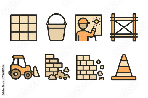 Construction icons set: outline design for building projects and safety